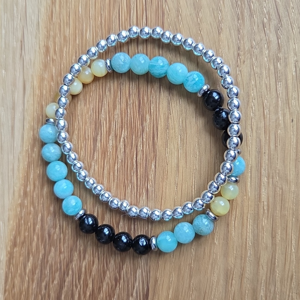 Amazonite, Yellow Opal, Silver Hematite Bead Bracelet Set, Stretch, Hand Crafted - Picture 8 of 11